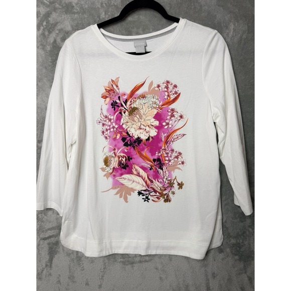 Chico's Tops - Chicos Floral Shirt Bracelet Sleeve Fairy White Pink Medium 1 3/4 Sleeve Cotton